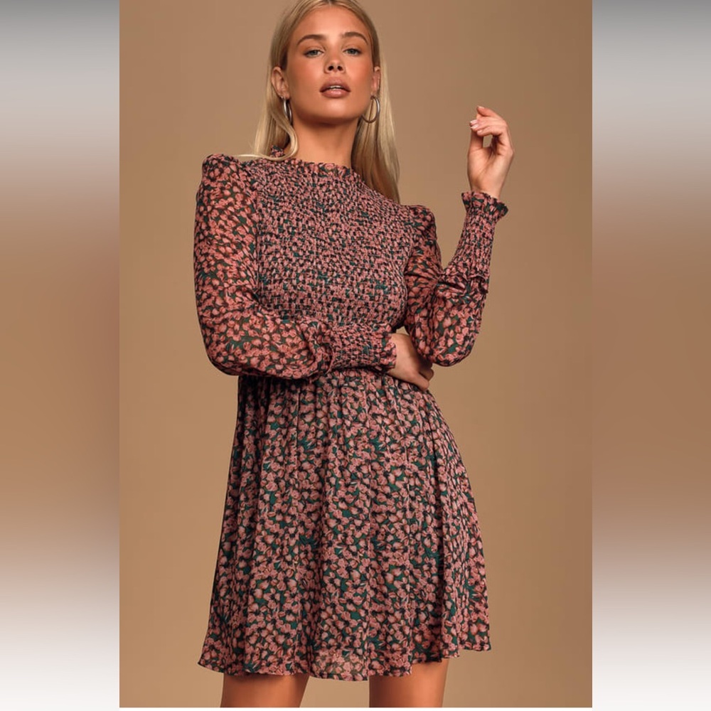 NWT Lulus Floral Forever Green and Pink Floral Print Smocked Skater Dress